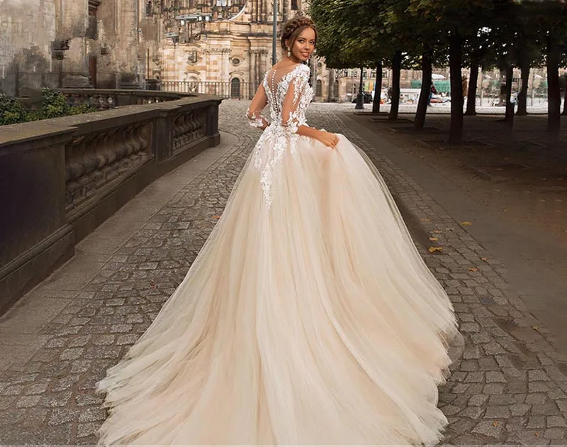 Booma Champagne Tulle Wedding Dresses with Three Quarter Sleeve 2020 Lace Appliques Bridal Gown Illusion Back Button Sweep Train