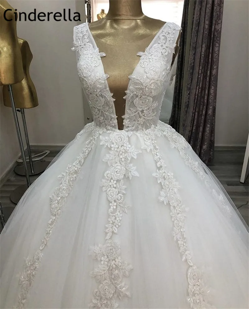 Vestido de noiva sem mangas com aplique nas costas, vestido de baile de princesa com apliques florais