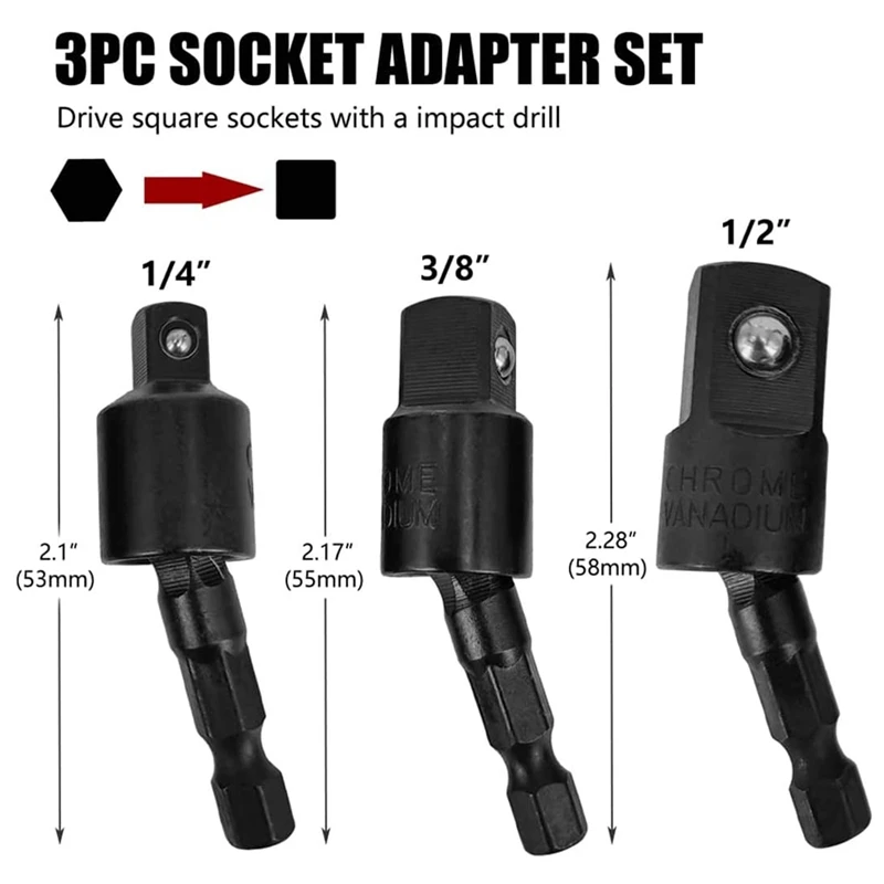 3PC Wobble Socket Adapters Universal Joint Swivel Socket Set, 1/4 Inch Hex Shank to 1/4 3/8 1/2 Square Socket Drives