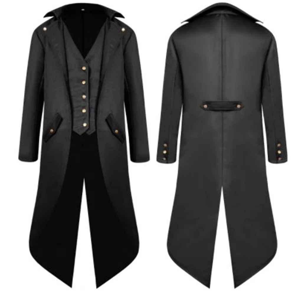 Men's Retro Tailcoat Suit Jacket Gothic Steampunk Long Jacket Victorian Frock Coat Cosplay Male Single Breasted Swallow Uniform