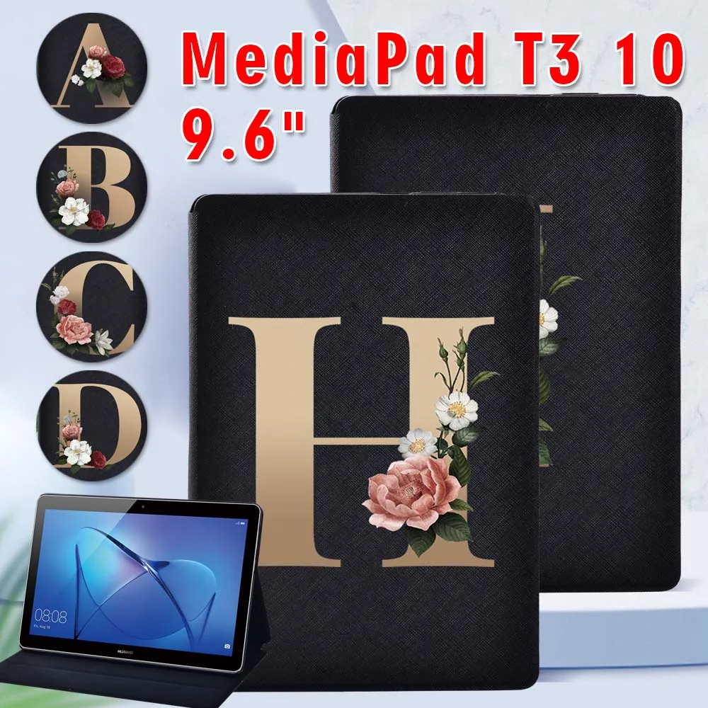 

Cute Floral Gold Initial Name Tablet Case for Huawei MediaPad T3 10 9.6" PU Leather Tablet Stand Folding Cover + Free Stylus