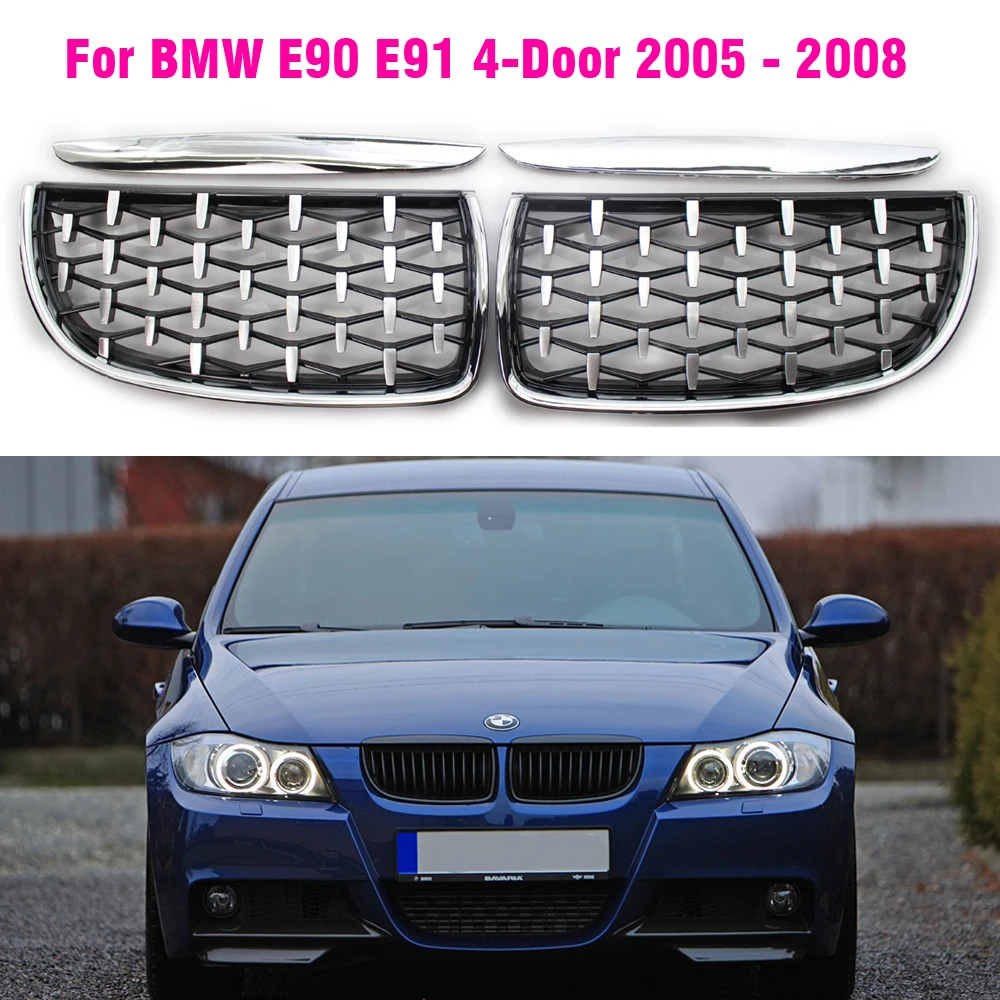 1Pair Front Gloss Matt Carbon Black 2 Line Double Slat Kidney Grille Grill For BMW E90 E91 4 Door 2005 2005 2007 2008