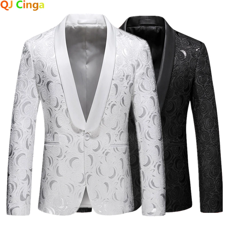 White Men\'s Rose Pattern Suit Jacket, Wedding Party Dress Coat, High Quality Men Slim Blazers Masculino Big Size M-6XL