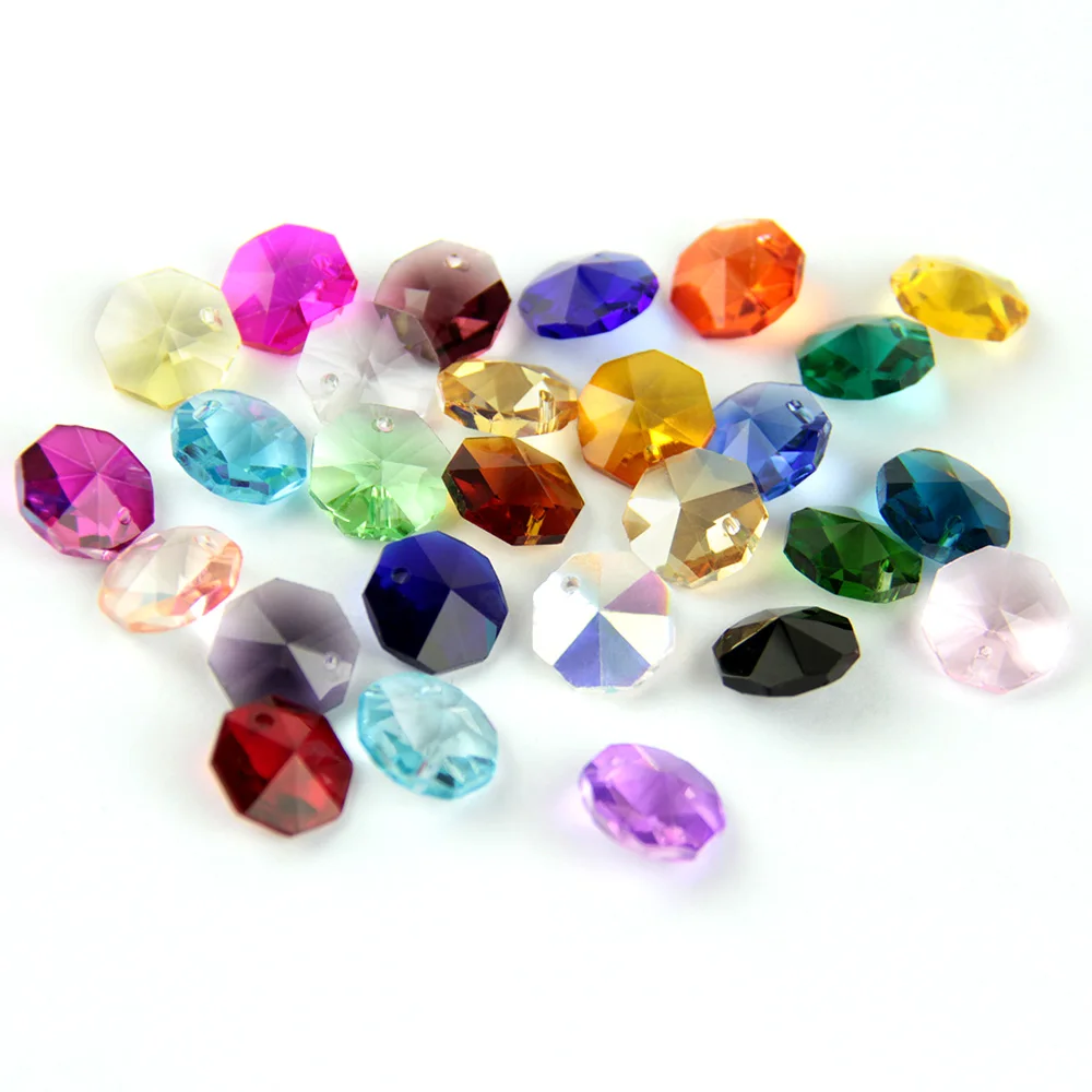 Lot de 100 perles octogonales en cristal de 14mm de couleurs mélangées, prisme, perles dans un trou pour mariage, guirlande