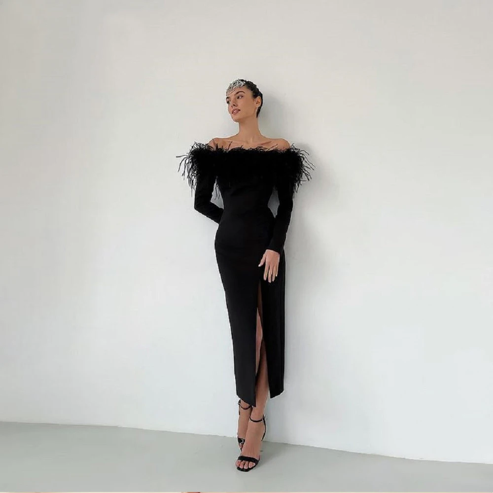 

BridalAffair Black Feather Long Sleeves Evening Party Dresses Off Shoulder Side Split Slit Formal Prom Night Gowns Dress Vestido