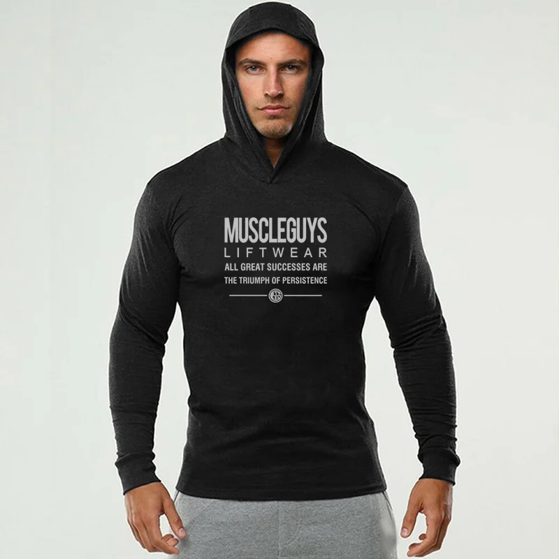 Camiseta transpirable con capucha para hombre, ropa de entrenamiento, gimnasio, Fitness, manga larga, ajustada, para correr