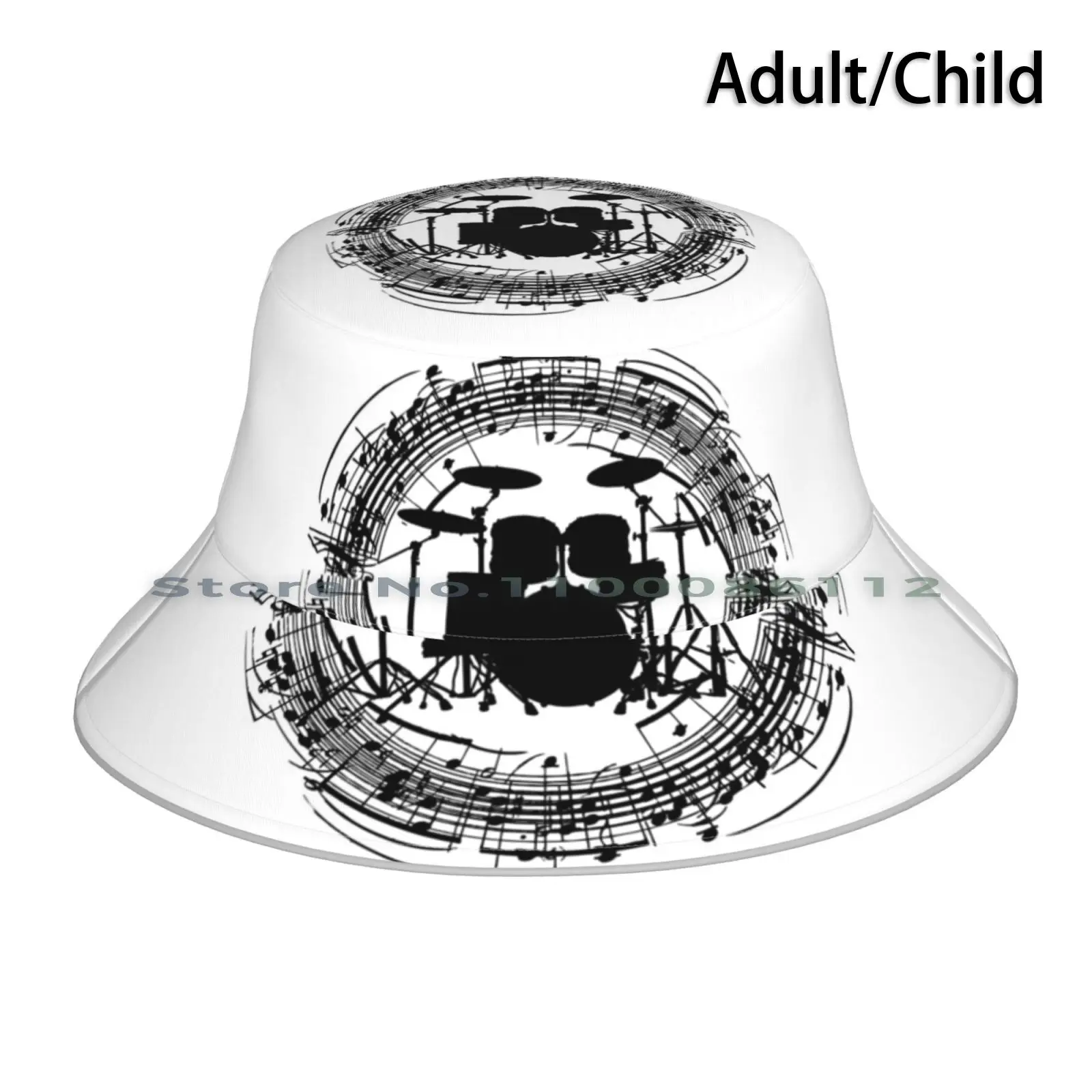 Drums Inside Circle Of Music Sheet ( Black ) Bucket Hat Sun Cap Drum Kit Drummer Drum Sticks Drumsticks Drumming Cymbals Bass