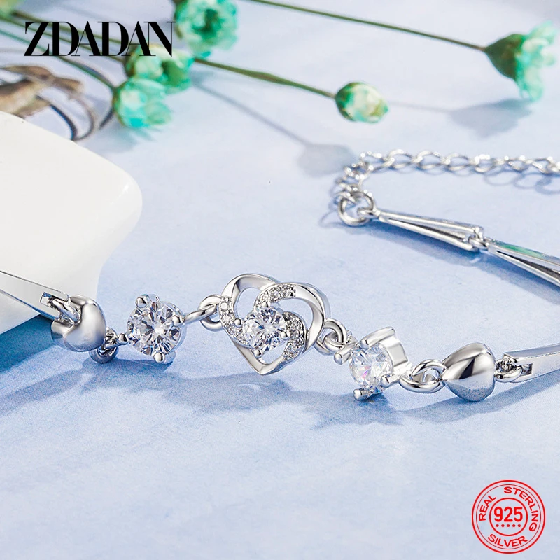 ZDADAN 925 Sterling Silver Heart Zircon Bracelet For Women Fashion Gift Wedding Jewelry