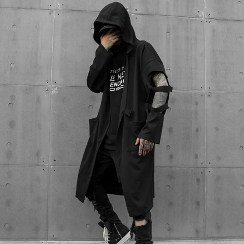 Drop shipping masculino manga comprida oco out punk hip hop com capuz trench coat com cinto ajustável homem casaco longo gótico