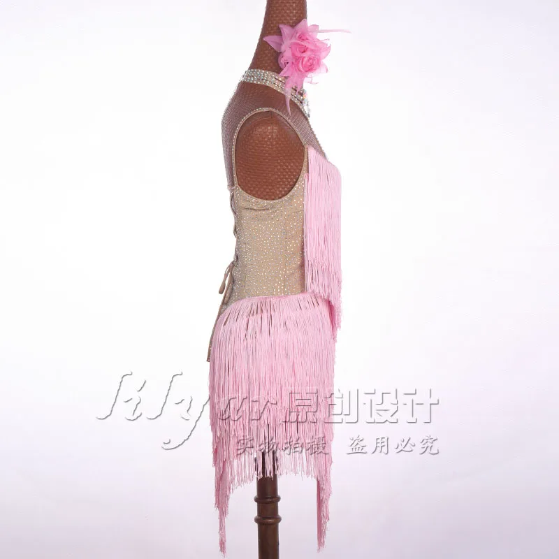 Latin Dance Dress Latin Skirt Competition Dress Costumes Performing Dress Practice Skirt Customize Adult Kids Lady Pink Tassel 1