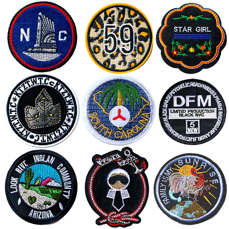 Cartoon Decorative Round Patch Mountain Sailboat icon Embroidered Applique Patches For DIY Iron on Badges Stickers on clothes