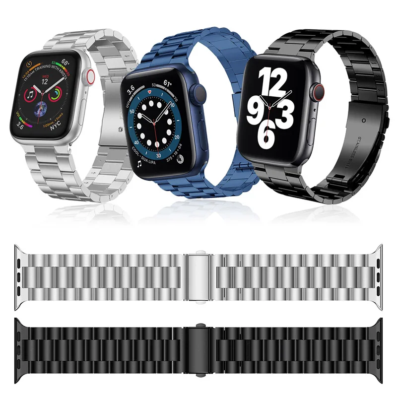 Pulseira de aço inoxidável, para apple watch band series 6 44mm 40mm, iwatch se 42mm 38mm, link preto, prata, azul, metal