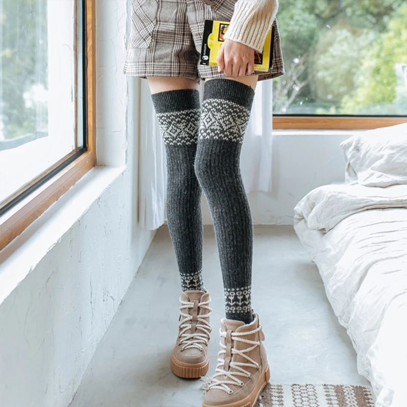 

Women Winter Warm Ribbed Knit Extra Long Leg Warmers Vintage Geometry Pattern Over Knee Thigh High Socks Footless Stockings