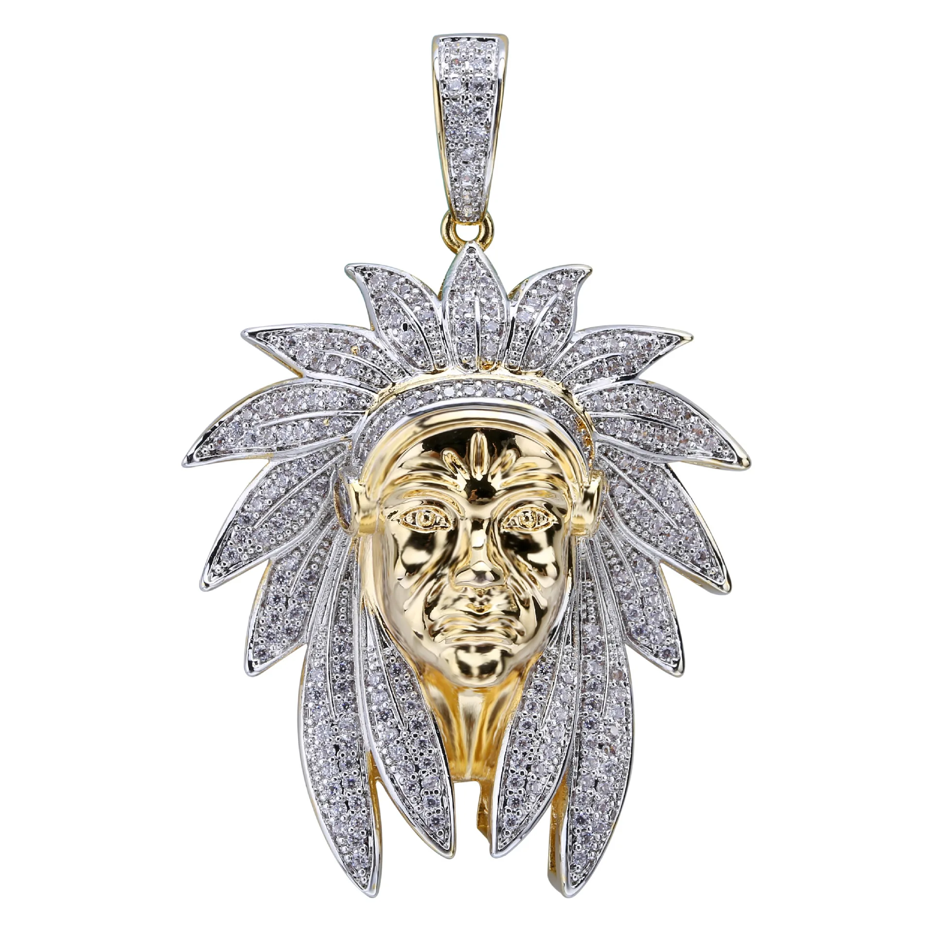 Indian Chief Head Charm Iced Out Pendant Hip Hop Necklaces Gold Silver Color Long Link Chains For Men Rapper Gift Jewelry