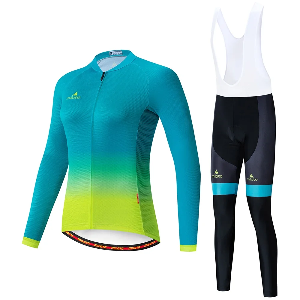 

Genuine Miloto Women's Long Sleeve Cycling Jersey with Bib Tights Quick Breathable Sports MTB Road Bike Gradient Free shipping