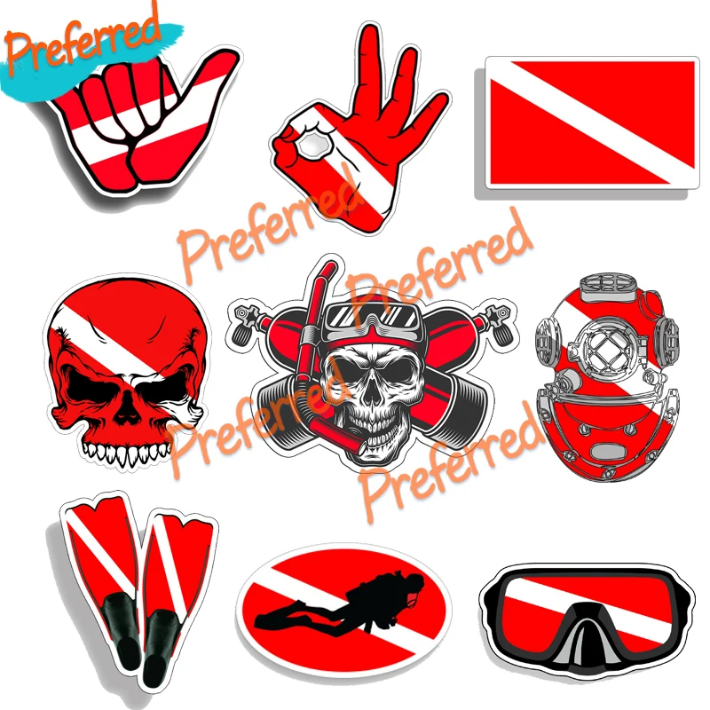 Diver Down Scuba Diving Skull Sticker Decal Flag Car Truck Cup Kayak Laptop Diving Helmet Toolbox Die-Cut Waterproof PVC