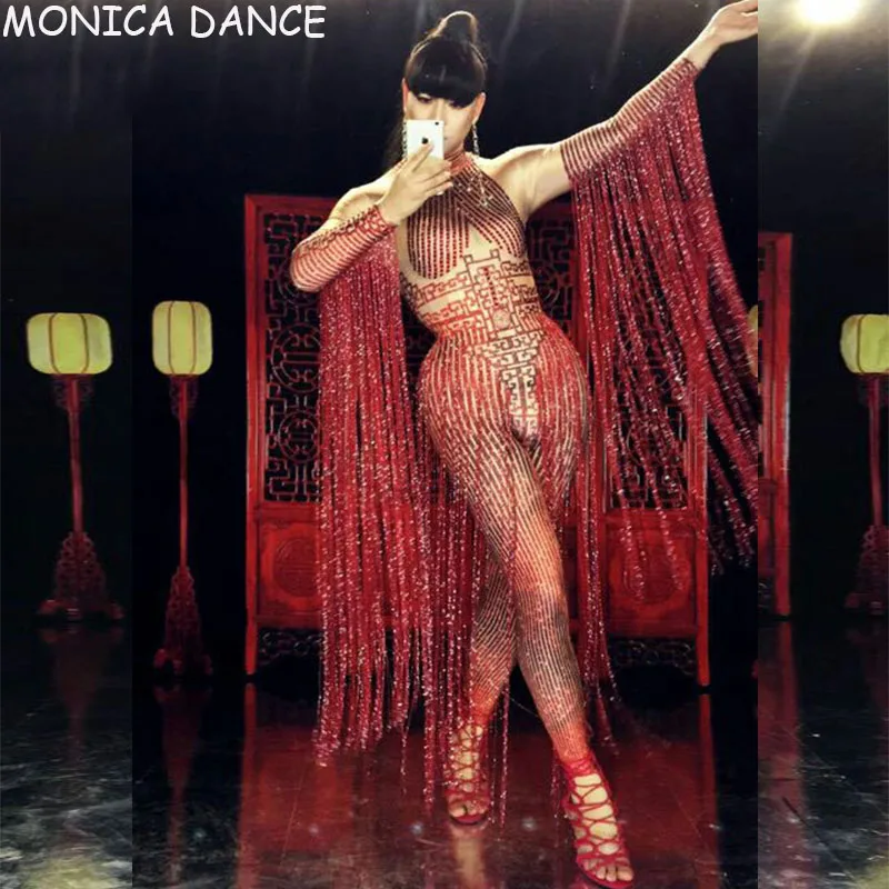 Mono rojo de cristal brillante para mujer, traje Sexy con borla larga de diamantes de imitación, cantante de club nocturno, traje de baile de