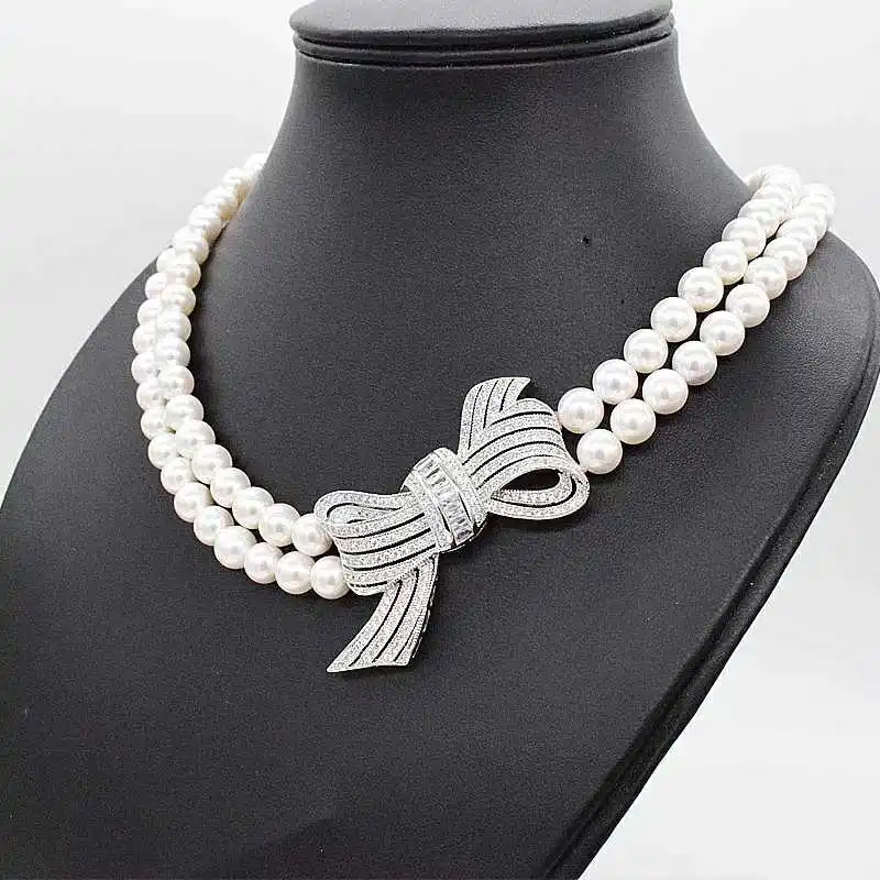 

2rows freshwater pearl 8-9mm near round white wholesale nature beads FPPJ +zircon bowknot necklace