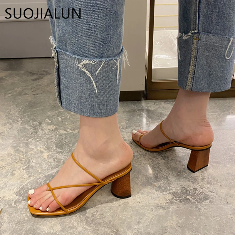 SUOJIALUN New Summer Slippers High Heel Slides Big Size 41 Narrow Band Sandal Summer Outdoor Vacation Slides Flip Flops Mujer
