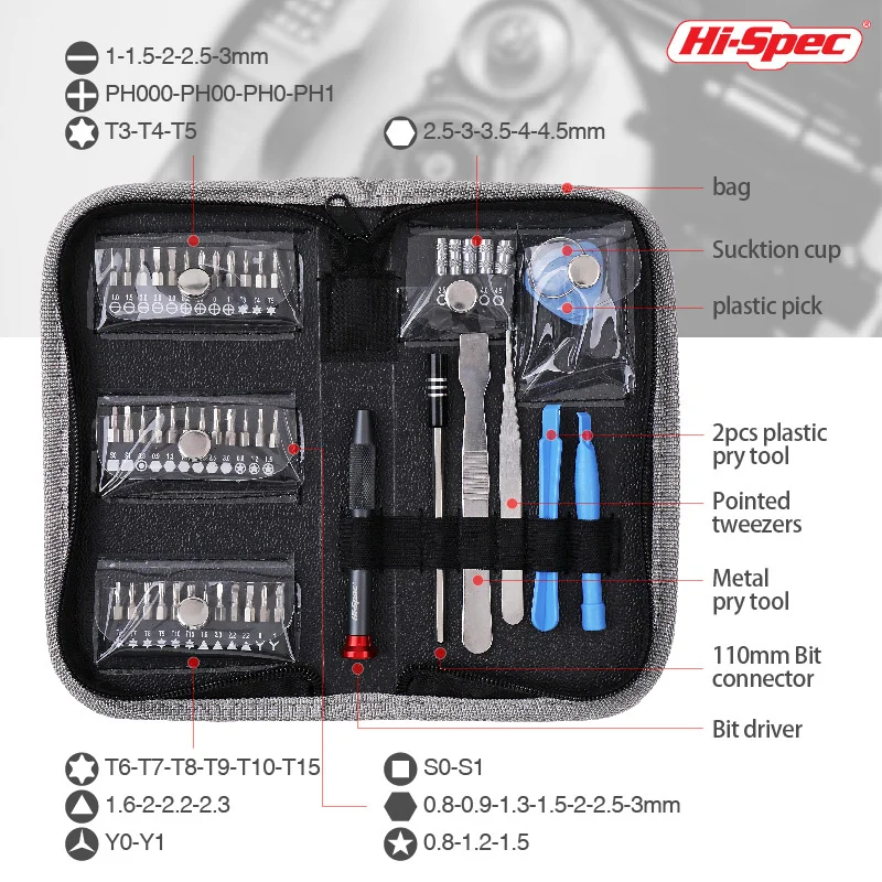 Hi-Spec 49Pcs Precision Screwdriver Mobile Phone Repair Screwdriver Drill Bit Tool Bag with Connector Drill Extension Bit Holde