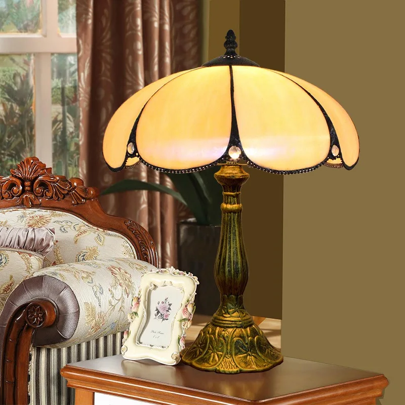 

Energy Saver-30CM Tiffany Table Lamp American Simple Bedroom Bedside Light Retro Creative E27 Alloy Base Table Lamp