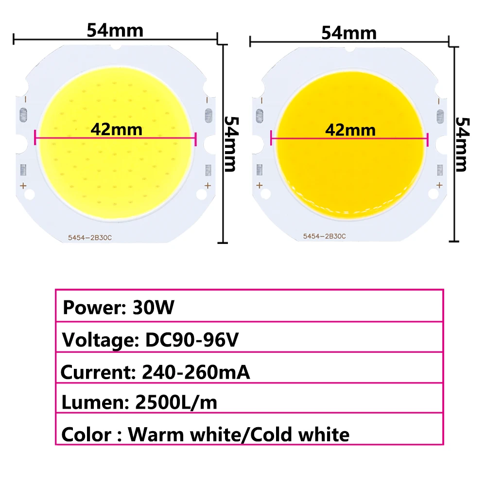 1PCS LED COB 5454mm chip 30W High Power DC90-96V LED COB Light Bulb Light Lamp Spotlight Down light Lamps Cold White Warm white