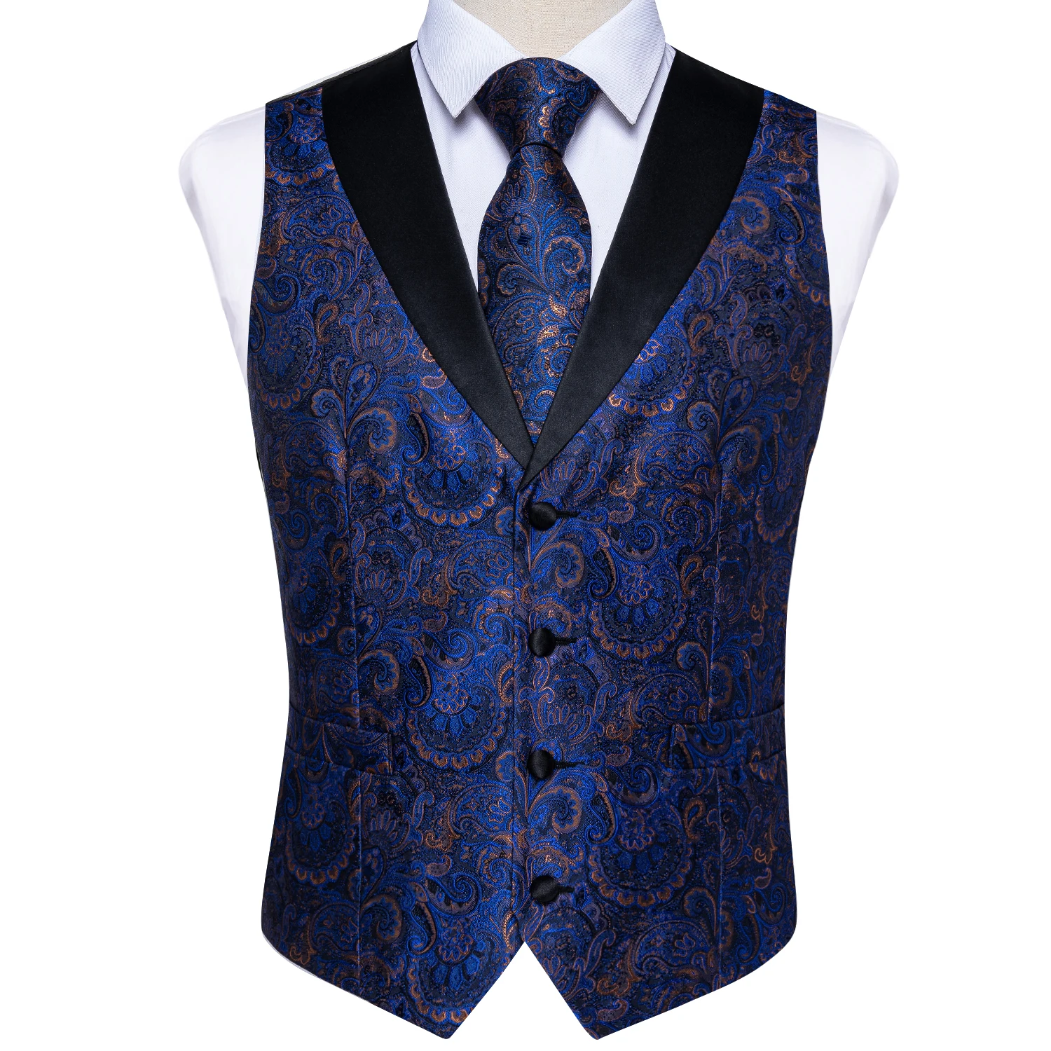 Men\'s Vest Blue Silk Floral Suit Vest V Neck Tie Set For Wedding Party Brand Formal Dress Waistcoat Man Casual Sleeveless Jacket