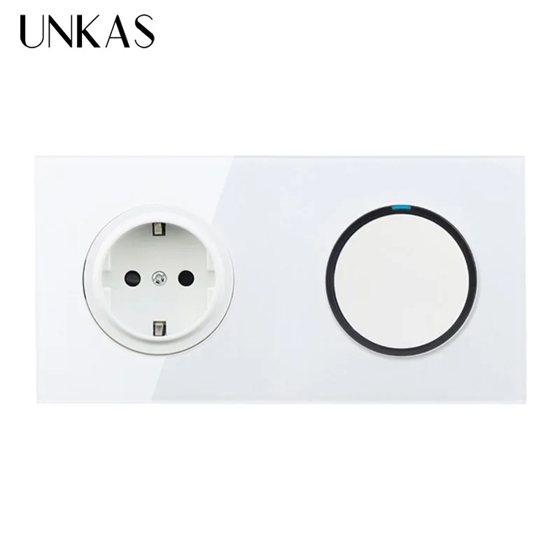 UNKAS White Crystal Glass Panel 16A EU Russia Standard Wall Power Socket + 1 Gang 1 Way On / Off Light Switch LED Indicator