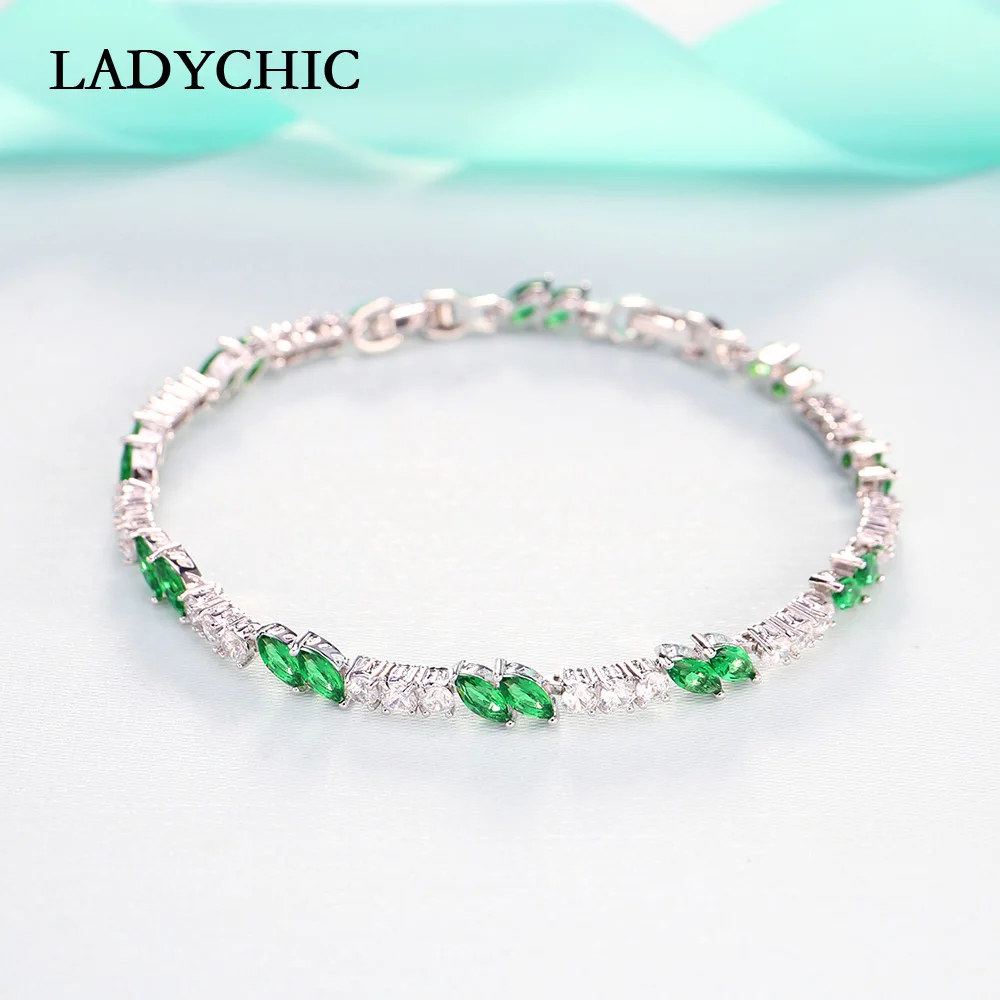 

LADYCHIC Exquisite Green Crystal Bracelets Bangles for Women Romantic Silver Color Bracelet Birthday Gift for Girlfriend LB1007