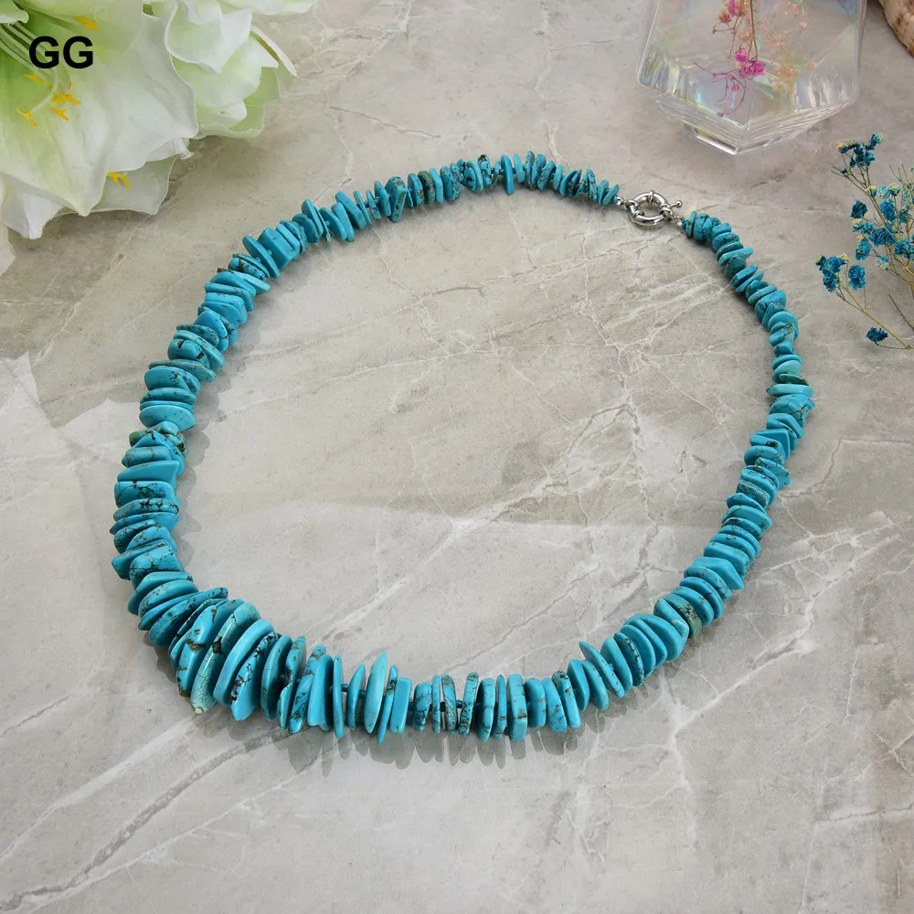 G-G Jewelry 26\'\' Blue Turquoise Gems Stone Necklace 12x23mm Center Drilled Disc Chips