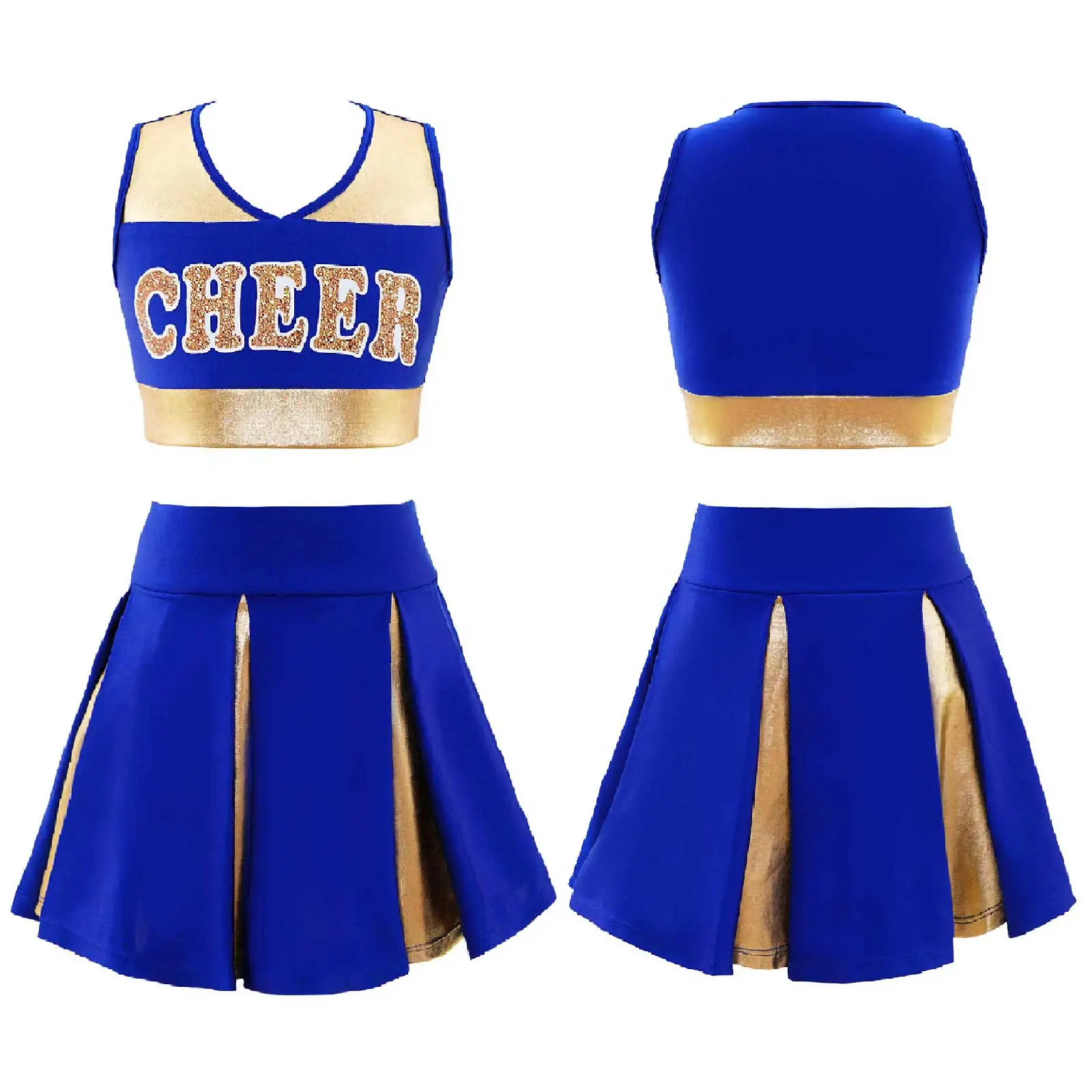 Kinder Mädchen 2Pcs Cheerleading Tänze Bronzing Patchwork Sleeveless V-ausschnitt Brief Gedruckt Crop Tops mit Elastische Bund Röcke