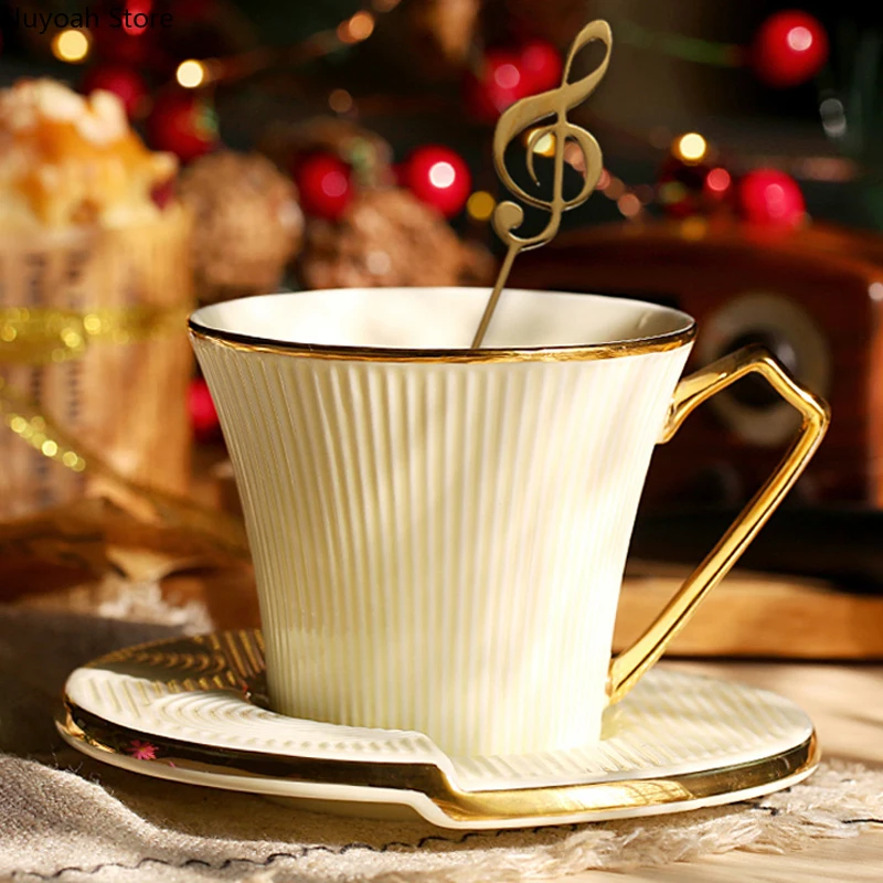 European Style Creative Luxury Ceramic Coffee Cup with Musical Note Spoon Afternoon Tea Set Living Room Coffee Table Decoration