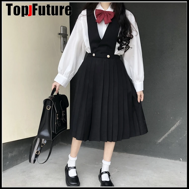 School Uniform Rok Top Student Cosplay Kostuum Puur Zwart Navy Verpleging Rok Jk Uniform Plooirok Student Vest Jurk