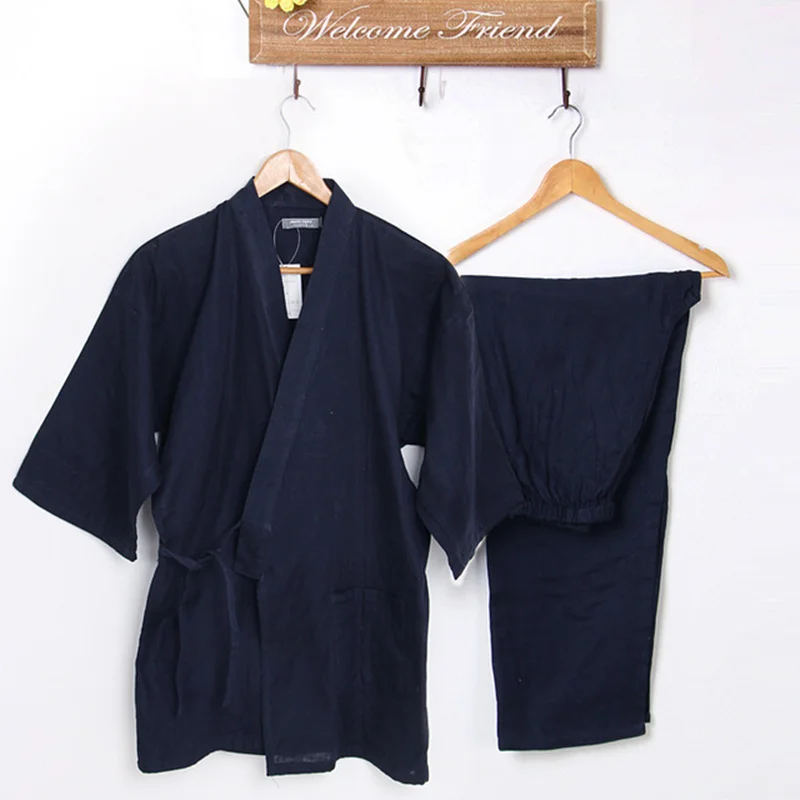 Yukata-Conjunto de pijamas japoneses de algodón puro para hombre y mujer, ropa de casa de manga larga, traje de Kimono tradicional para verano y