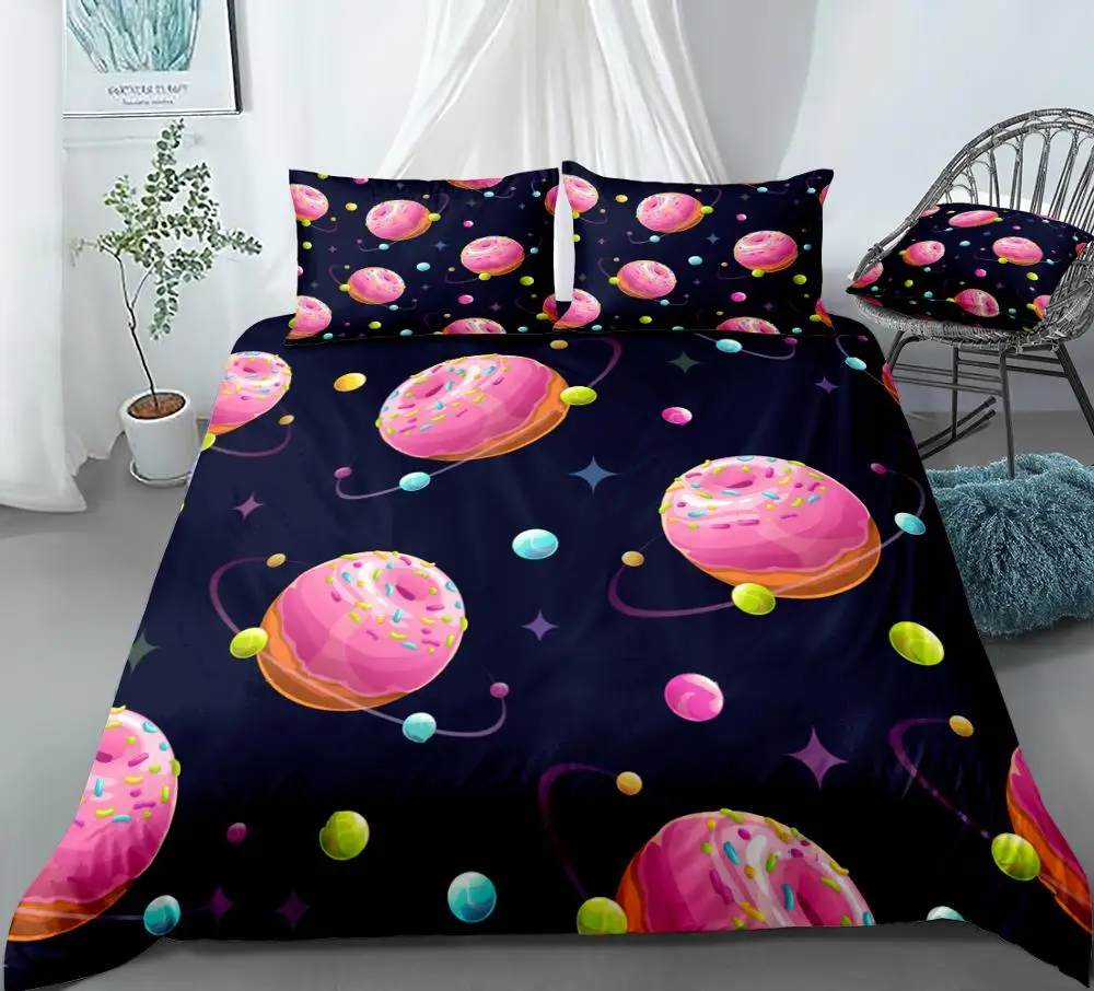 Donuts Bedding Set Cartoon Planets Duvet Cover Set Kids Pink Quilt Cover Set for Girls Food Bedclothes Dessert Home Textile