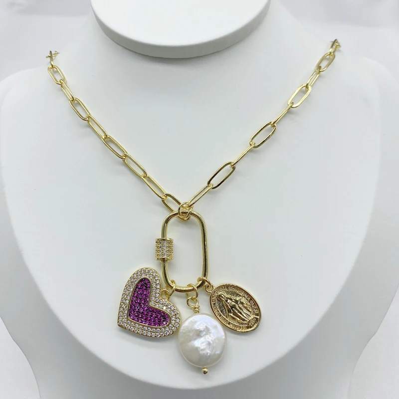 5PCS/Lot Roll Chains Jewel Three Charms Freshwater Pearl Purple Zircon Big Heart Guadalupe Necklaces