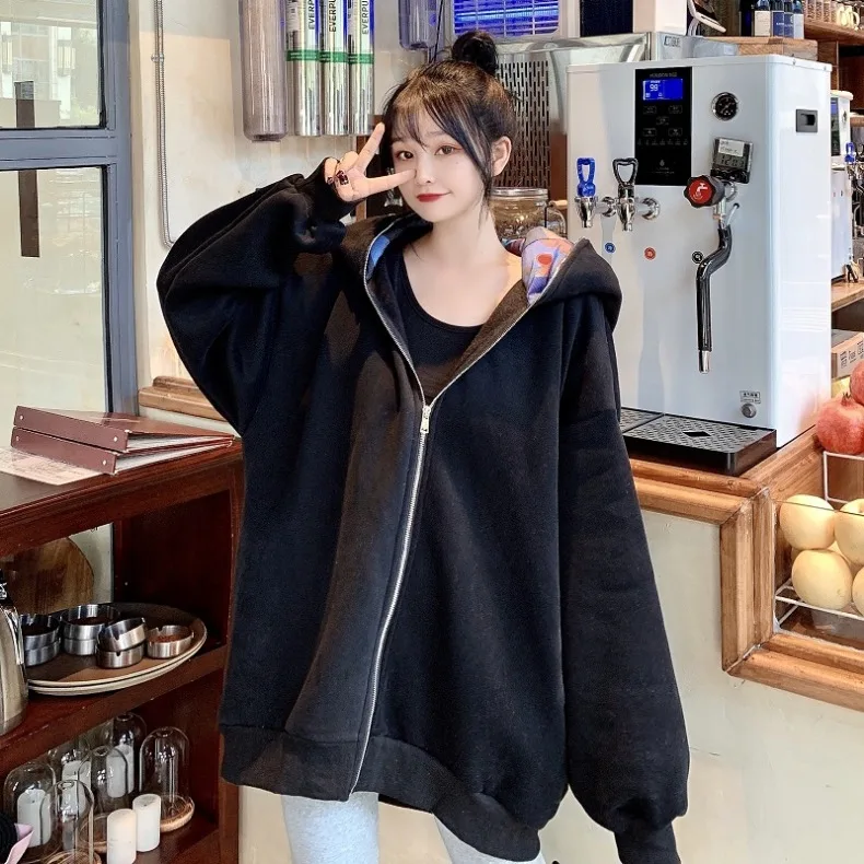 Women Zip-up Oversized Loose Hoodies Solid Color Drop Shoulder Long Big Rabbit Ears Hooded Sweatshirt Funny Kawaii Streetwear