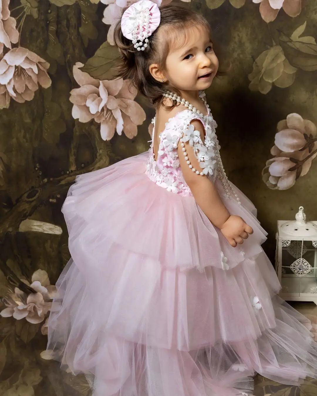 Ropa Formal para bebés y niños pequeños, apliques 3D con cuentas, vestidos de flores para niñas, Espalda descubierta, vestidos escalonados de tul para fiesta de cumpleaños y desfile