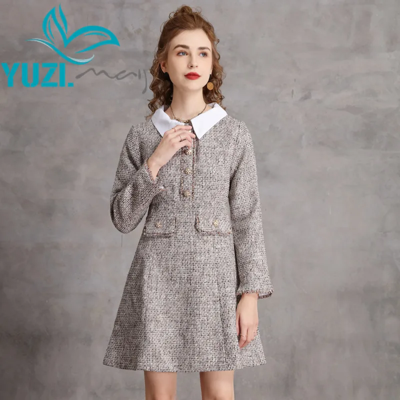 

Woman Dress 2020 Yuzi.may Casual New Woolen Women Dresses Peter Pan Collar A-line Single Breasted Vestidos K68092 Vestido