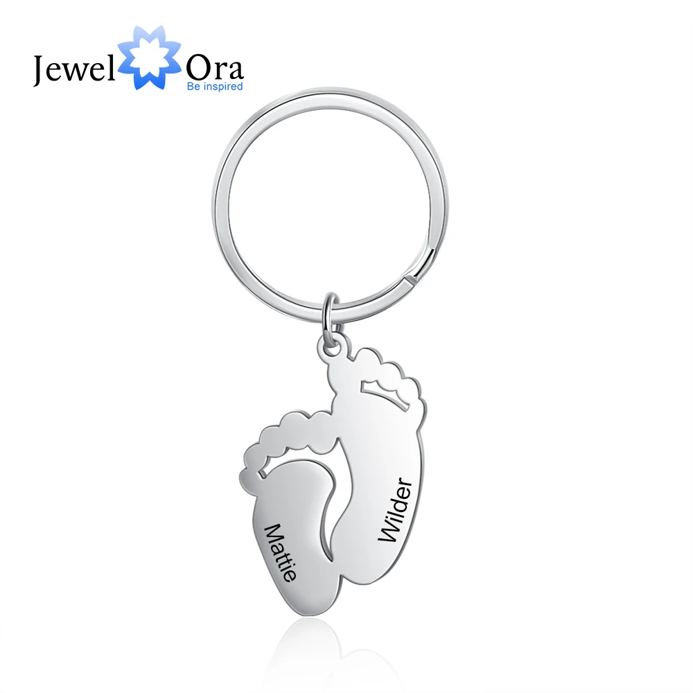 JewelOra Personalized Engraved Name Baby Feet Keychains for Ladies Stainless Steel Customized Keyring Mothers Gift Jewelry