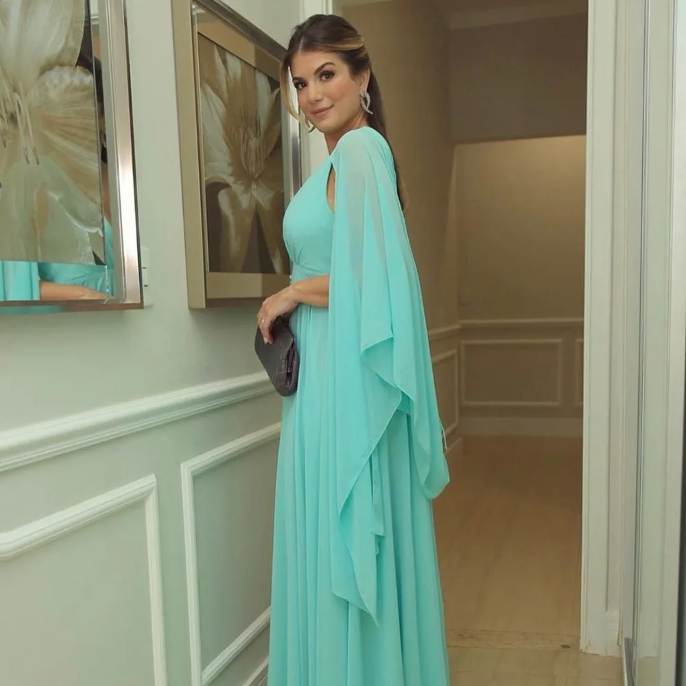 

Vintage Ice Blue V Neck Chiffon Formal Evening Dress A-Line Cape Sleeve Gown for Prom Party Gala Women's Arabic Style