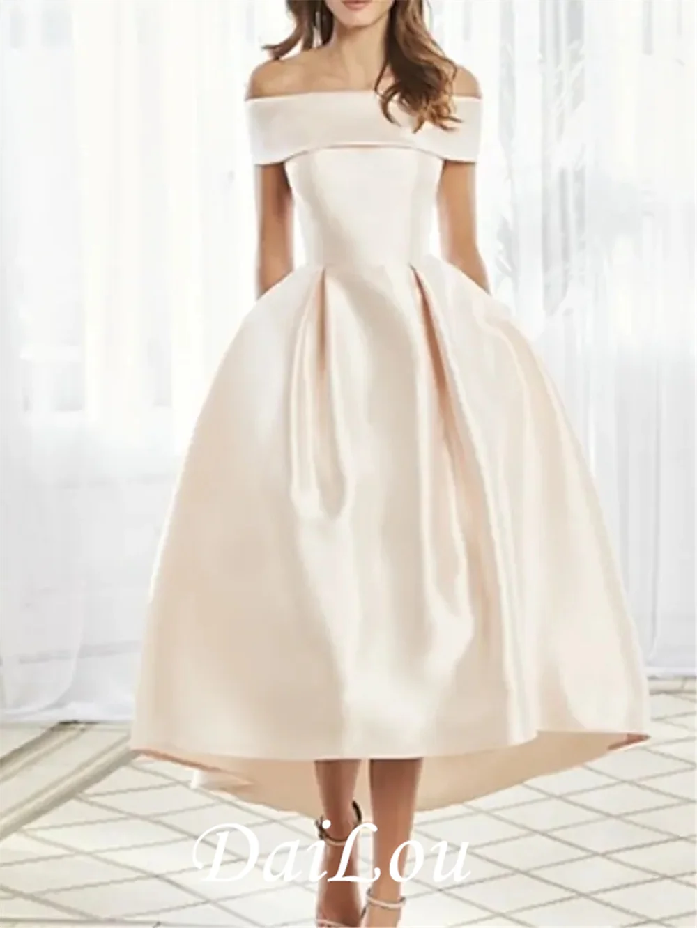 A-Line Mother of the Bride Dress Elegant Off Shoulder Ankle Length Satin Short Sleeve with Pleats 2021