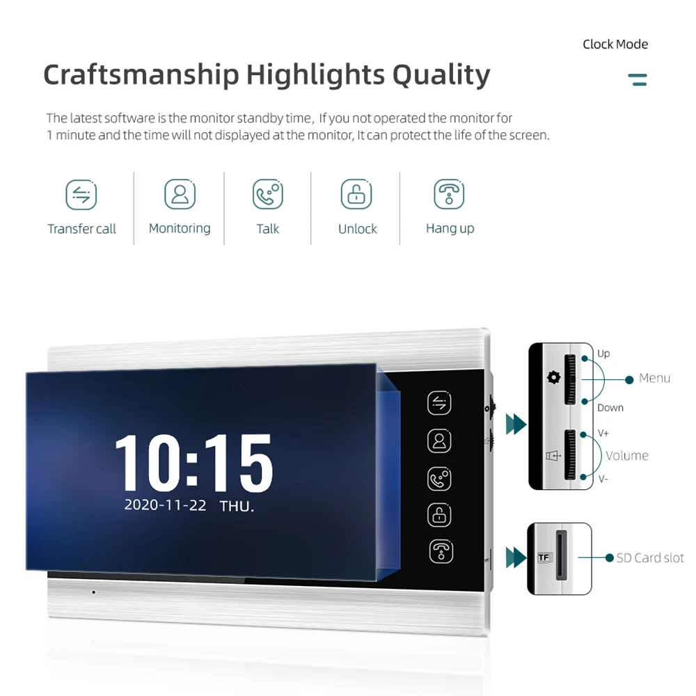 JeaTone 7 Inch Home Video Door Phone Intercom System 1200TVL Doorbell Camera Color LCD Screen for Unlock, Monitor, Two Way Talk