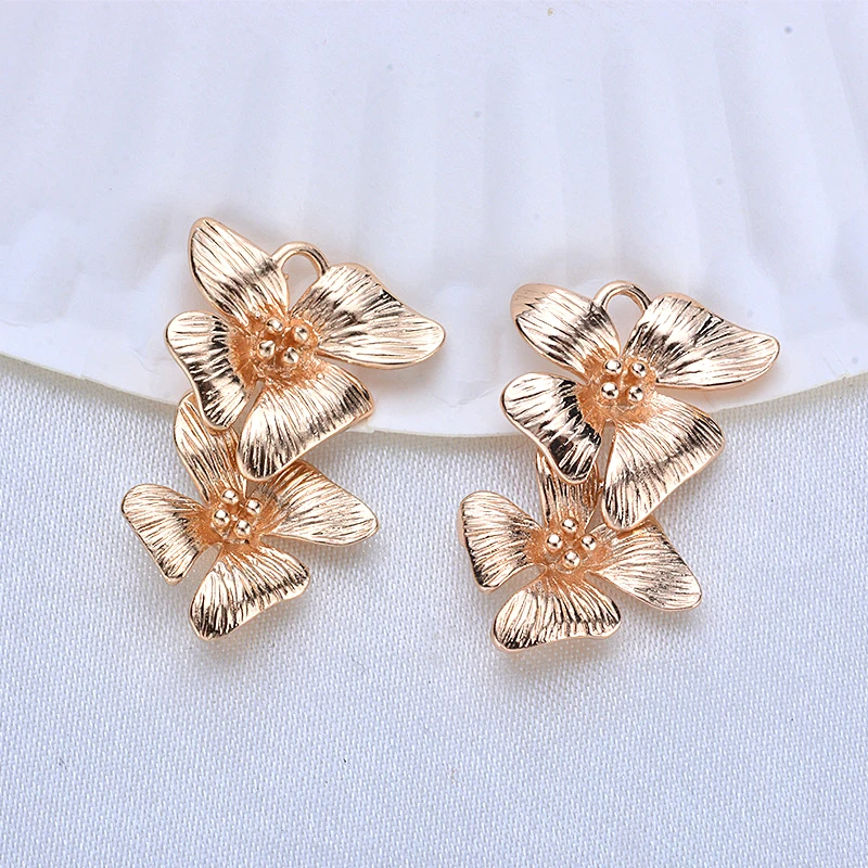 (1549) 6PCS 24x15MM 24K Gold Color Plated Brass Double Flower Charms Pendants High Quality Diy Jewelry Accessories