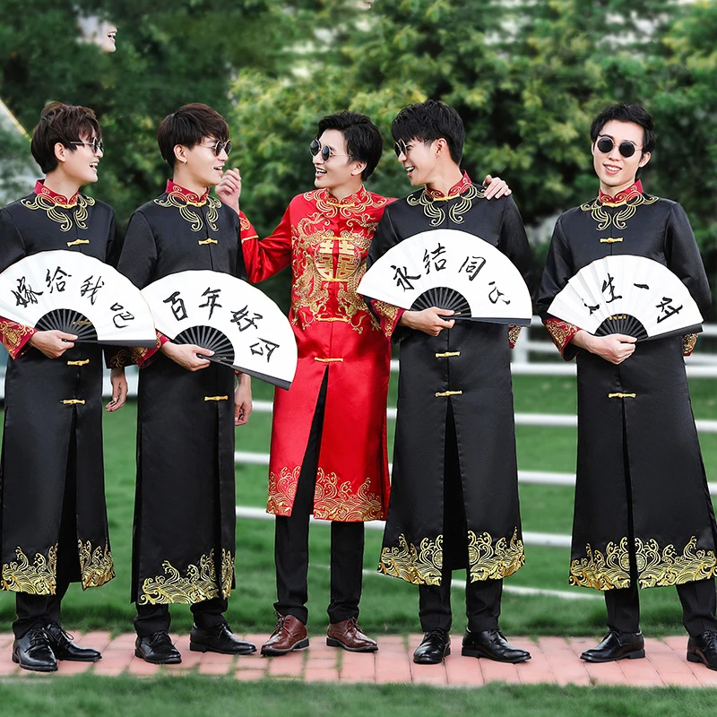 Red Black Pink Traditional Chinese Dresses Large Size Tang Suit Men Robe Brother Costume Cross Talk Gown Cheongsam Weddin Dress