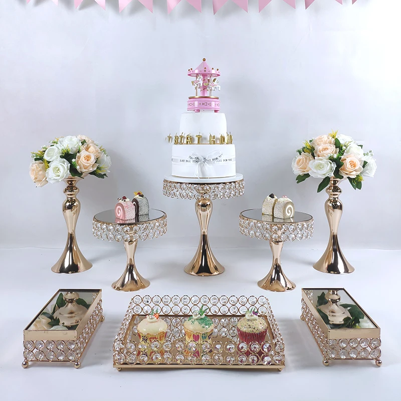 Crystal beads cake stand set gold plated mirror surface dessert stand wedding party table decoration baking tool