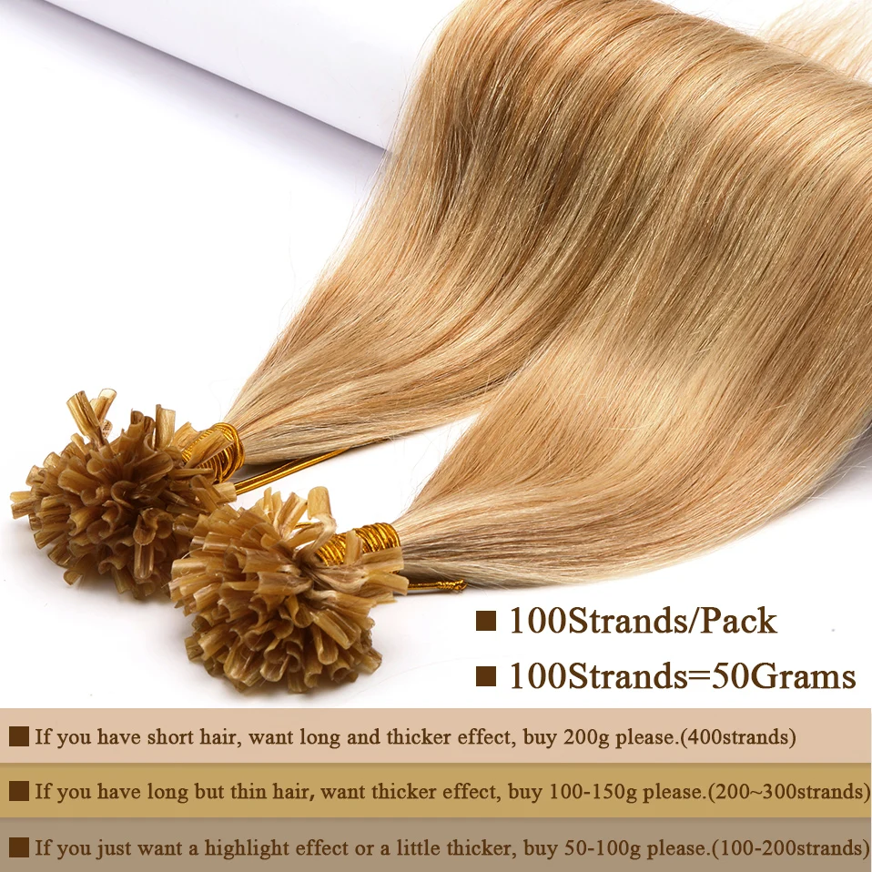 0.5g/s U Tip Hair Extensions For Volume 16inches - 24inches Straight Human Hair Keratina Pre-bonded Capsules Fusion 100pcs Nails