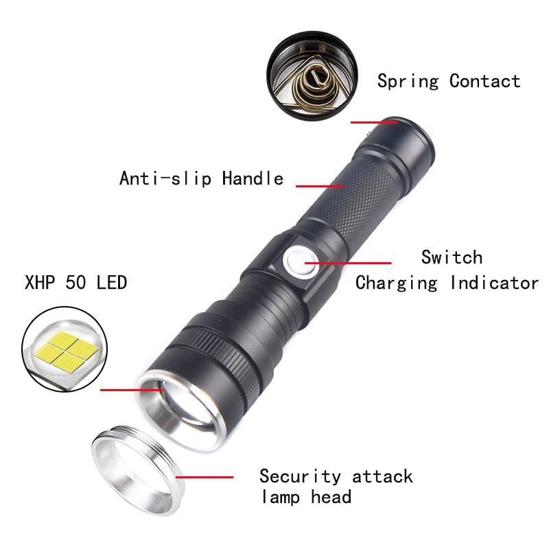 USB Rechargeable Light 10W Xhp50 LED Flashlight XHP90 Most Powerful LED Flashlight Indicator Zoomable Tactical Light For Camping