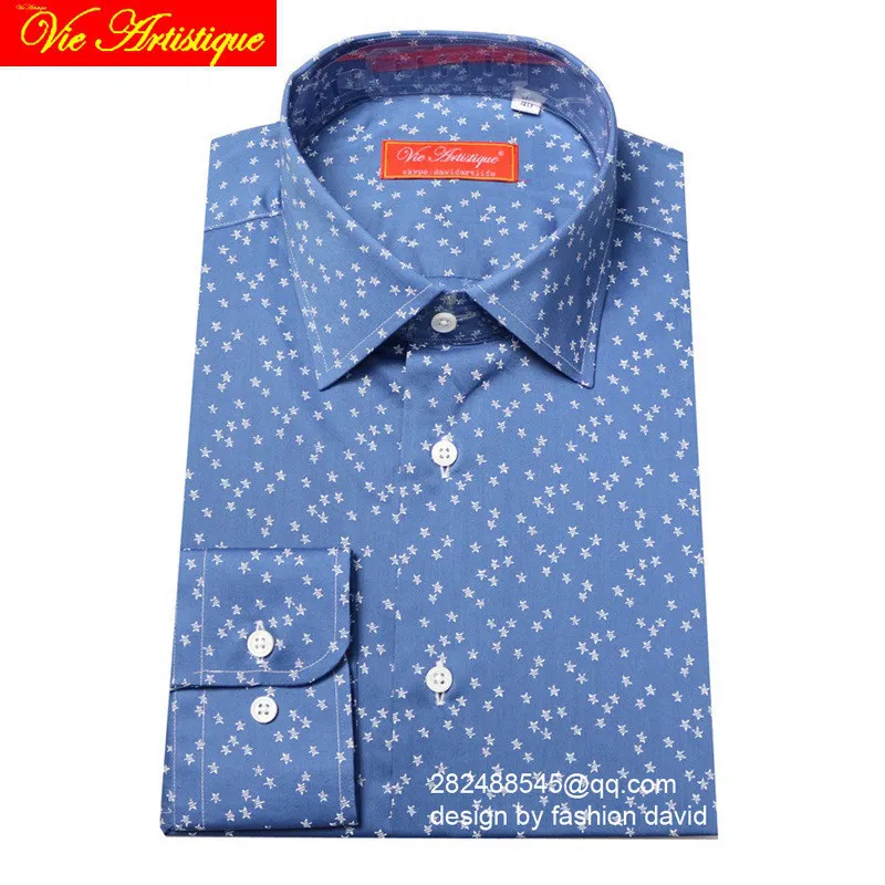 

custom tailor made Men's bespoke cotton floral shirts business formal wedding ware blouse blue star flower fashion david