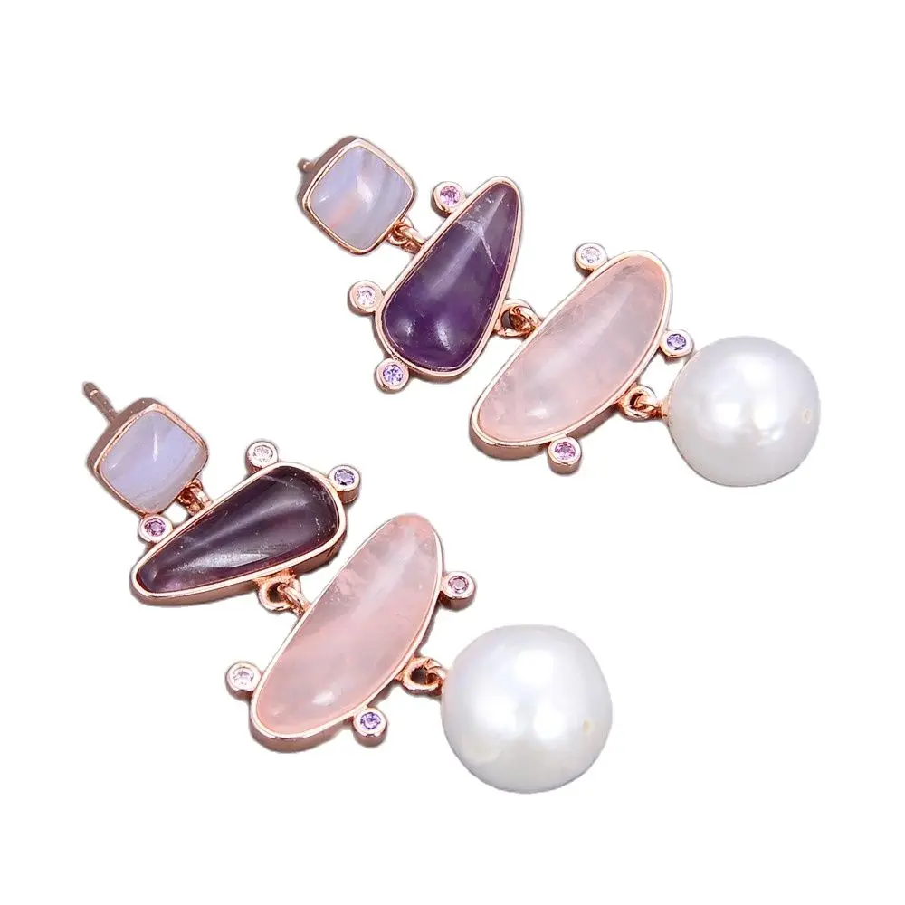 GG Natural White Pearl Blue Chalcedony Rose Quartz Amethyst Dangle Stud Earrings